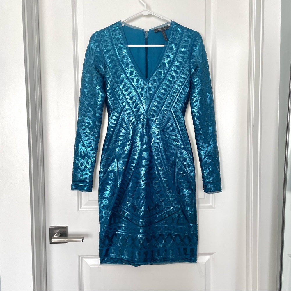 BCBG MaxAzria “Morris” Art Deco Sequin Dress Teal Blue Geometric Embroidery